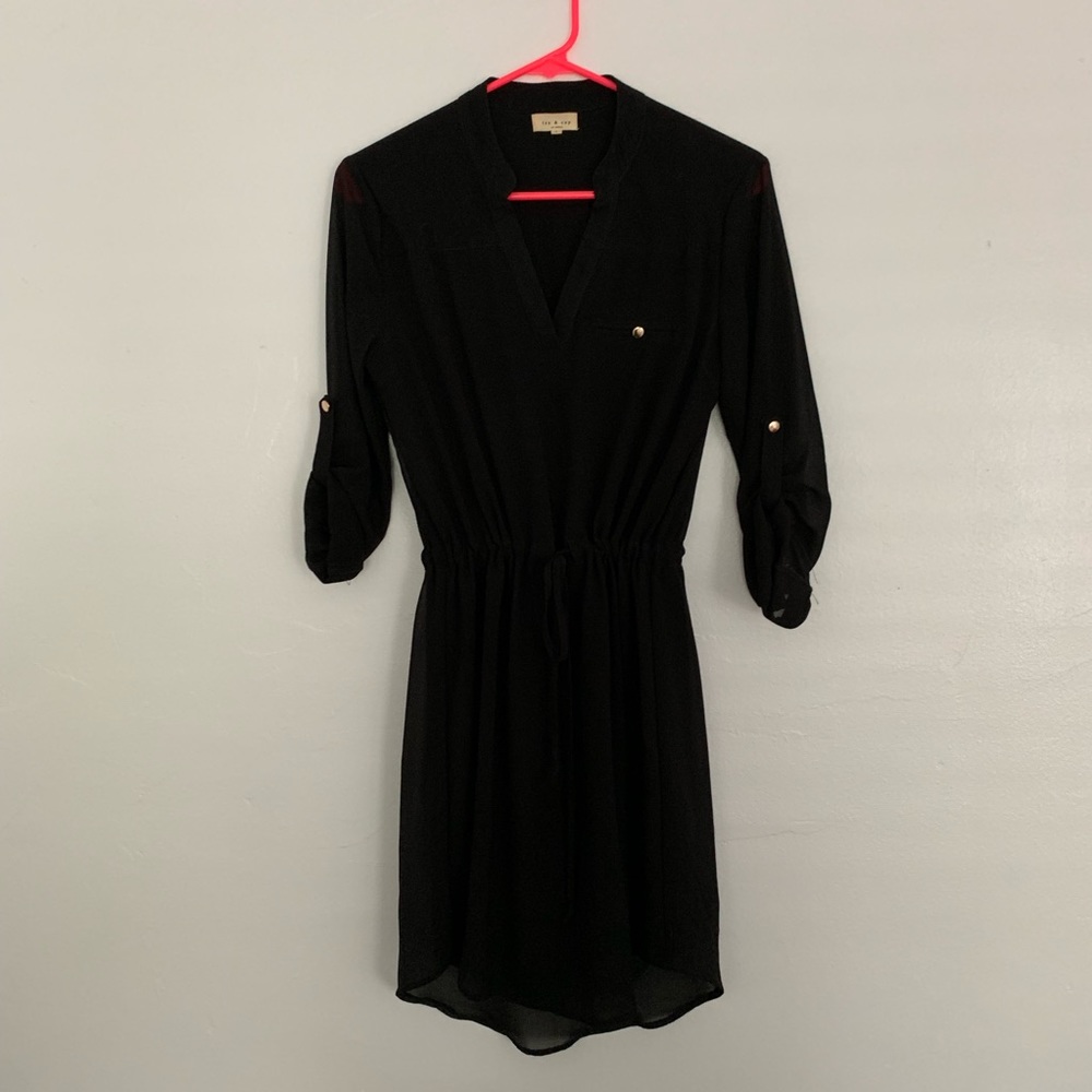 Black Tie-Waist 3/4 Sleeve Dress